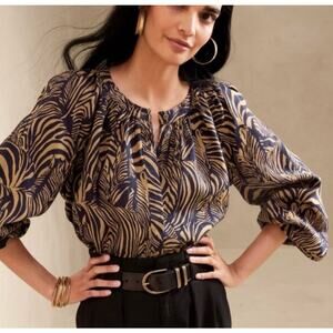 Banana Republic NWT Linen Animal Print Longsleeve Blouse Zebra Brown Sz L Tall